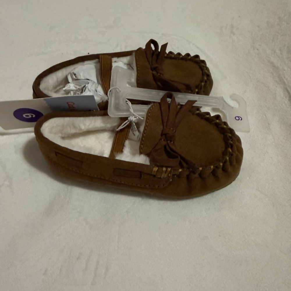 Cat & Jack Toddler Brown Faux Suede Moccasin Slippers Faux Fur Lined Size 6